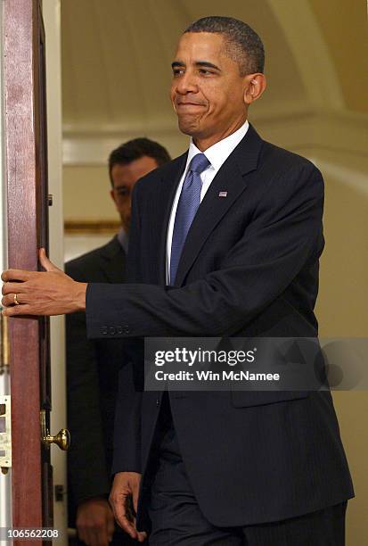 President Barack Obama arrives in the Roosevelt Room of the White House to make a statement on monthly job numbers November 5, 2010 in Washington,...