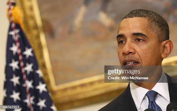 President Barack Obama makes a statement in the Roosevelt Room of the White House on monthly job numbers November 5, 2010 in Washington, DC. The U.S....