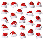 Collection of Santa's red hat isolated on white background