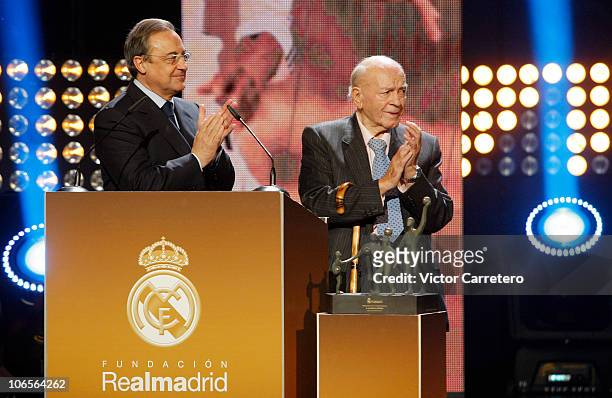 President Florentino Perez of Real Madrid greets Alfredo Di Stefano during the Alma 2010 The Real Madrid Foundation Gala at Teatros del Canal on...