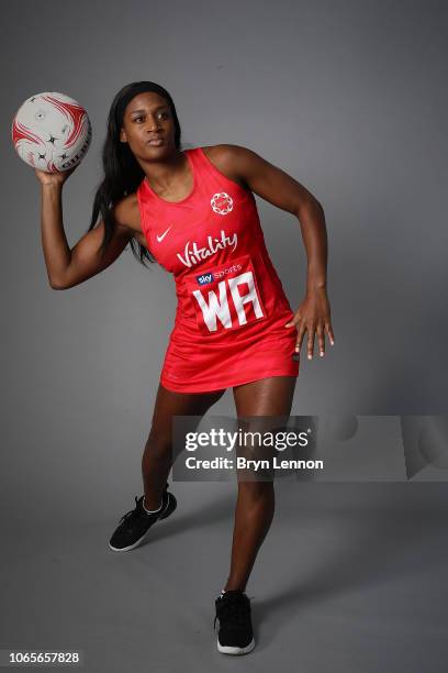 Vitality Roses player Sasha Corbin of England poses for a photo at the Loughborough Netball Centre on November 21, 2018 in Loughborough, England.