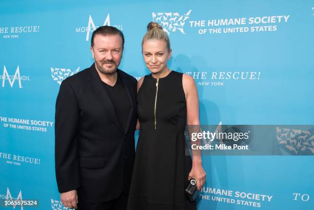 Honoree Ricky Gervais and Jane Fallon attend The Humane Society Of The United States 9th Annual To The Rescue! Gala at Cipriani 42nd Street on...