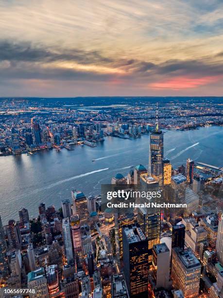 aerial view of lower manhattan with one world trade center, financial district and hudson river, new york city, new york, united states - hudson river stock pictures, royalty-free photos & images