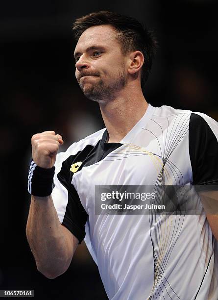 Robin Soderling of Sweden celebrates matchpoint over Gael Monfils of France in his quarter final match during the ATP 500 World Tour Valencia Open...