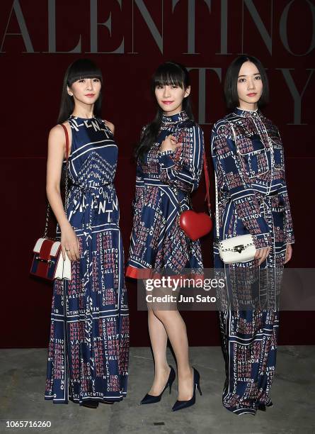 Techno pop group Perfume attend the photocall for Valentino TKY 2019 Pre-Fall Collection at Terada Warehouse on November 27, 2018 in Tokyo, Japan.