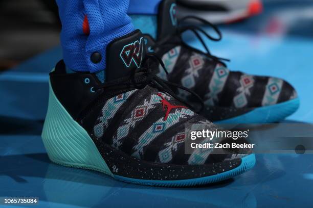 The sneakers of Russell Westbrook of the Oklahoma City Thunder during the game against the Denver Nuggets on November 24, 2018 at Chesapeake Energy...