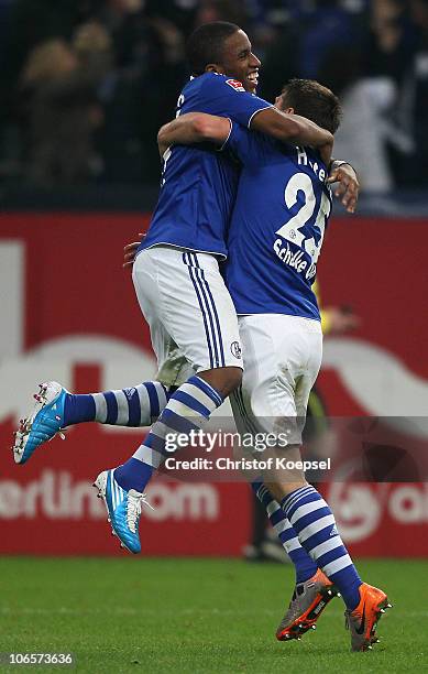 Klaas-Jan Huntelaar of Schalke celebrates the second goal with Jeffferson Farfan of Schalke during the Bundesliga match between FC Schalke 04 and FC...