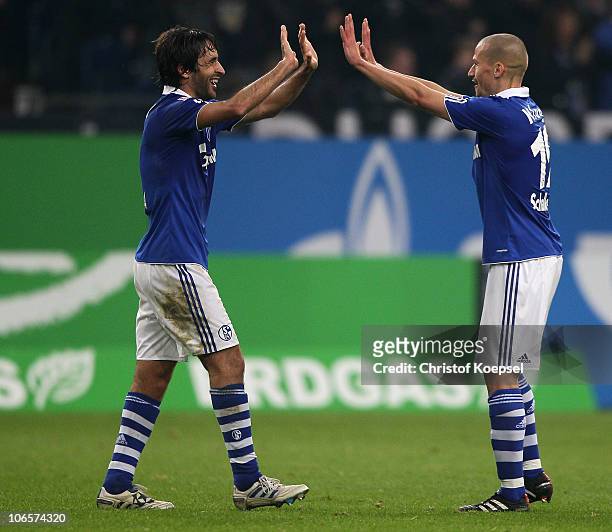 Raúl Gonzalez of Schalke celebrastes his second goal with Peer KLuge during the Bundesliga match between FC Schalke 04 and FC St. Pauli at Veltins...