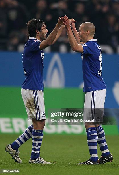 Raúl Gonzalez of Schalke celebrastes his second goal with Peer KLuge during the Bundesliga match between FC Schalke 04 and FC St. Pauli at Veltins...