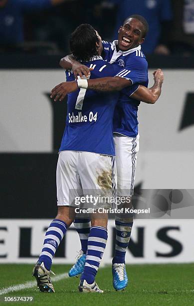 Raúl Gonzalez of Schalke celebrates his second goal with Jeffferson Farfan of Schalke during the Bundesliga match between FC Schalke 04 and FC St....