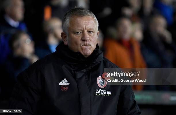 Chris Wilder manager of Sheffield United looks on prior to the Sky Bet Championship match between Sheffield United and Sheffield Wednesday at Bramall...