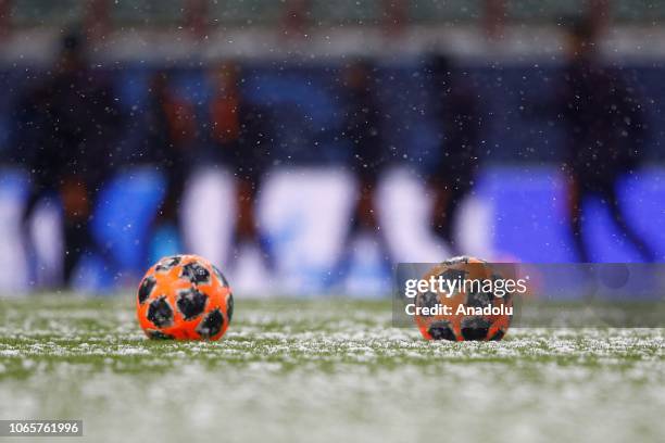 Soccer balls are seen as players of Galatasaray attend a training session ahead of UEFA Champions League Group D match against Lokomotiv Moscow in...
