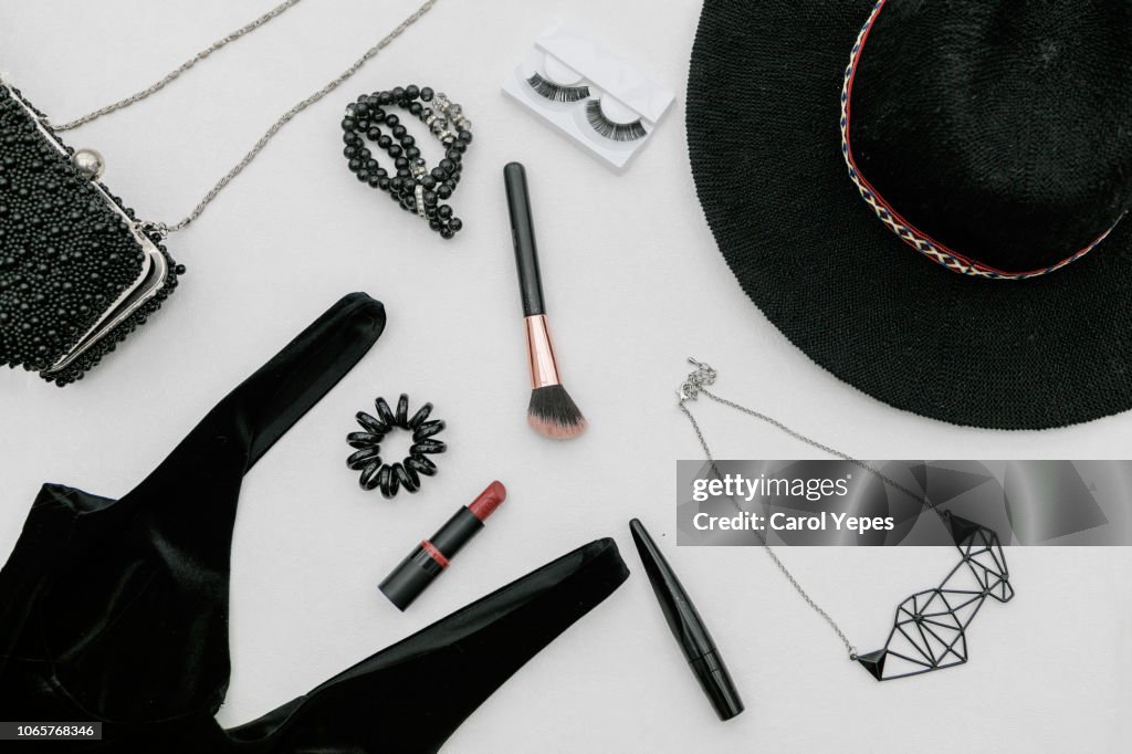 Flat Lay Fashion Black accessories for blogger stylish woman
