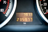 Digital car odometer in dashboard. Used vehicle with mileage meter.