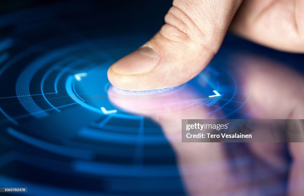 Fingerabdruck-Erkennungstechnologie für digitale biometrische Cyber-Sicherheit und Identifikation. Finger print Scan für Authentifizierung, Sicherheit und Privatsphäre.