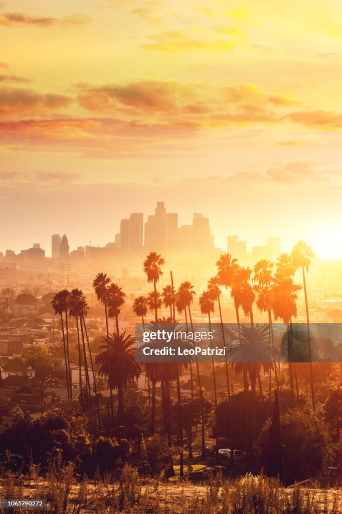 Los Angeles gouden uur stadsgezicht over downtown wolkenkrabbers