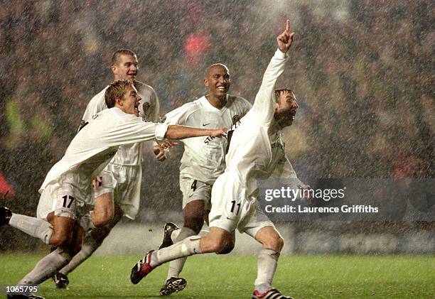 Lee Bowyer of Leeds United celebrates his winner during the UEFA Champions League match against AC Milan at Elland Road in Leeds, England. Leeds...