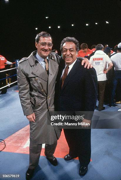 World Middleweight Title: Fight promoter Bob Arum and WBC President Jose Sulaiman after Marvin Hagler vs John Mugabi bout at Caesars Palace. Las...