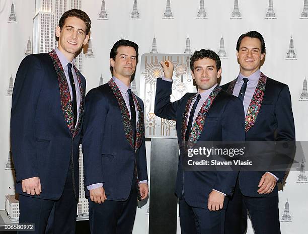 Cast members of "Jersey Boys" Ryan Jesse, Dominic Nolfi, Jarrod Spector and Matt Bogart light The Empire State Building to celebrate the fifth...