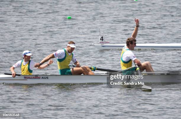 Cox, David Webster , Christopher Morgan and Dominic Grimm of Australia celebrate gold in the Men's Coxed Pair Final during day seven of the World...