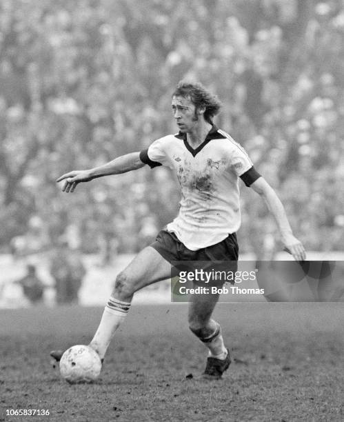 Charlie George of Derby County in action during the testimonial match for Brian Clough and Peter Taylor between Derby County and Nottingham Forest at...
