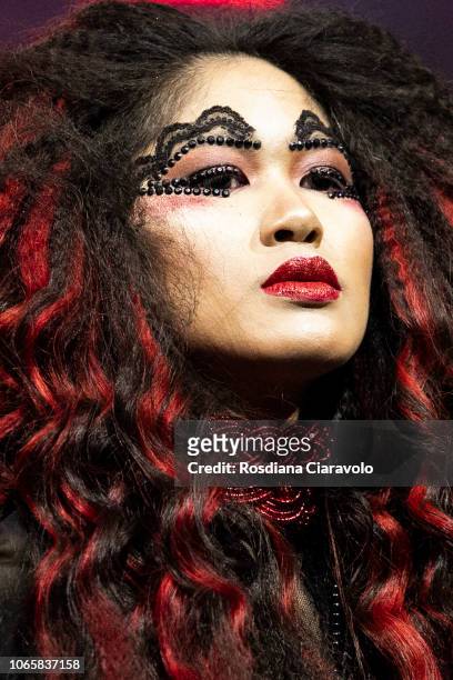 Model, make up detail, is seen during is seen during the 'FEDERICO FASHION STYLE - Angel & Devil' part of "On Hair Show & Exhibition" held at...