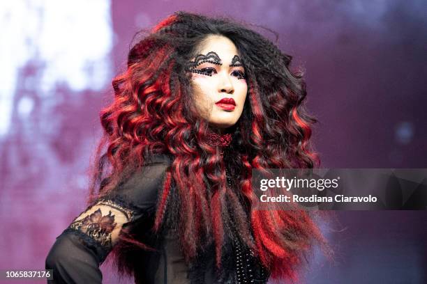 Model is seen during is seen during the 'FEDERICO FASHION STYLE - Angel & Devil' part of "On Hair Show & Exhibition" held at BolognaFiere Exhibition...