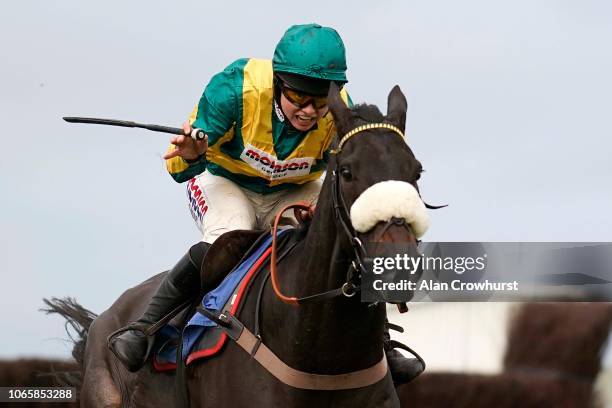 Bryony Frost riding Present Man clear the last to win The Badger Ales Trophy Handicap Chase at Wincanton Racecourse on November 10, 2018 in...