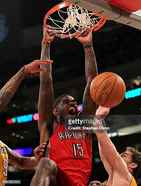 Amir Johnson of the Toronto Raptors dunks against the Los Angeles Lakers at Staples Center on November 5, 2010 in Los Angeles, California. The Lakers...