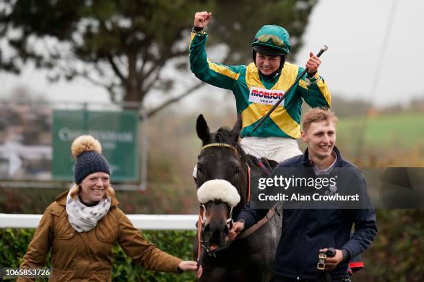 Bryony Frost celebrates after riding Present Man to win The Badger Ales Trophy Handicap Chase at Wincanton Racecourse on November 10, 2018 in...