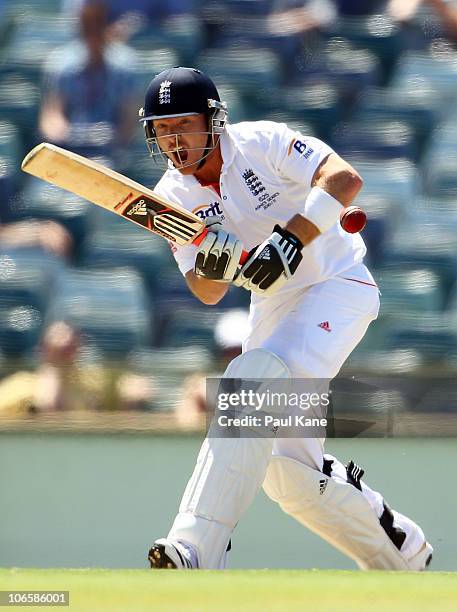 Ian Bell of England bats during day two of the Tour Match between the Western Australia Warriors and England at the WACA on November 6, 2010 in...
