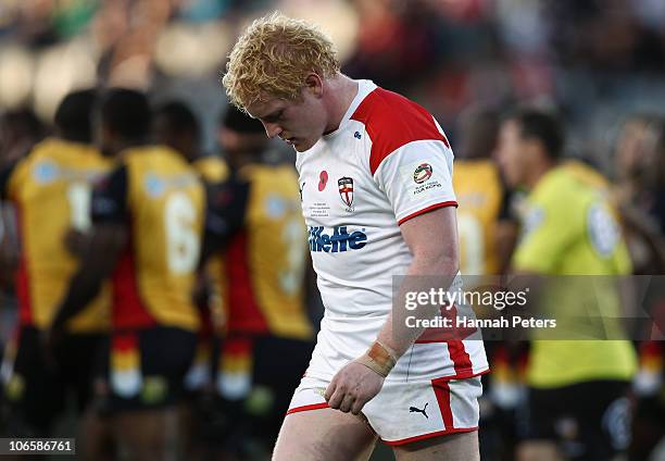 James Graham of England walks off after a try from Papua New Guinea during the Four Nations match between England and Papua New Guinea at Eden Park...