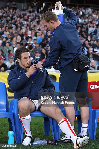 Sam Burgess of England sits injured on the bench during the Four Nations match between England and Papua New Guinea at Eden Park on November 6, 2010...