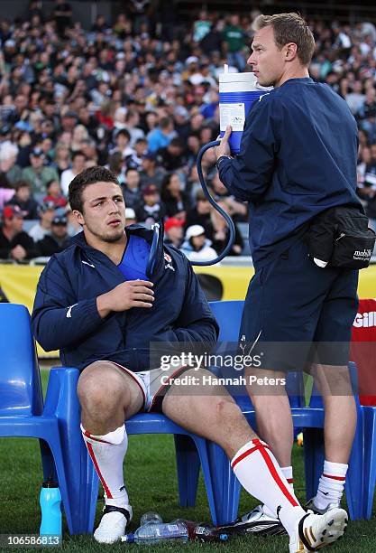 Sam Burgess of England sits injured on the bench during the Four Nations match between England and Papua New Guinea at Eden Park on November 6, 2010...