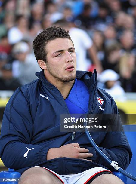 Sam Burgess of England sits injured on the bench during the Four Nations match between England and Papua New Guinea at Eden Park on November 6, 2010...