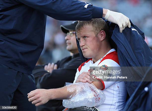 Luke Robinson of England sits injured on the bench during the Four Nations match between England and Papua New Guinea at Eden Park on November 6,...
