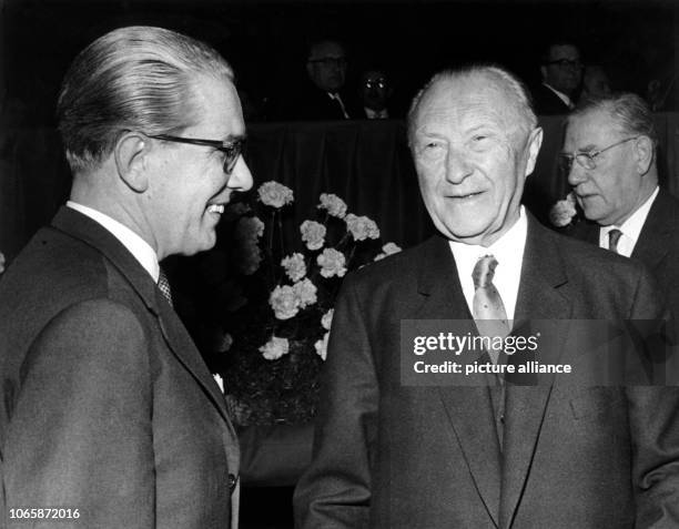 Kai Uwe von Hassel, prime minister of Schleswig-Holstein, Federal Chancellor Konrad Adenauer, and CDU party whip Heinrich Krone on the 10th CDU party...