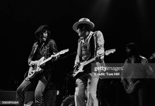 Bruce Springsteen, Steven Van Zandt and Garry Tallent with The E-Street Band perform at Alex Cooley's Electric Ballroom on August 21, 1975 in...