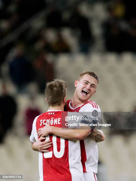 Lasse Schone of Ajax, Matthijs de Ligt of Ajax celebrates the victory during the UEFA Champions League match between AEK Athene v Ajax at the...