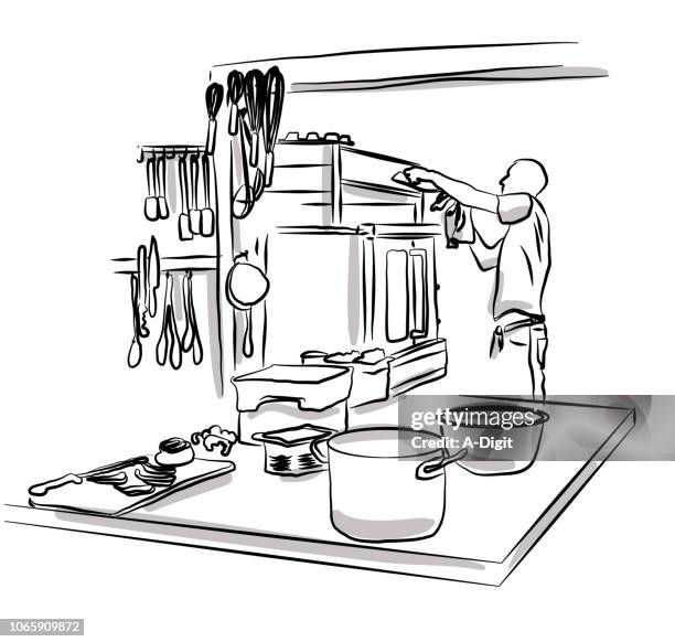 professional kitchen work - dirty pan stock illustrations