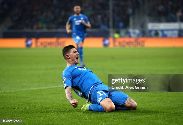 Steven Zuber of 1899 Hoffenheim celebrates after scoring his team's second goal during the UEFA Champions League Group F match between TSG 1899...