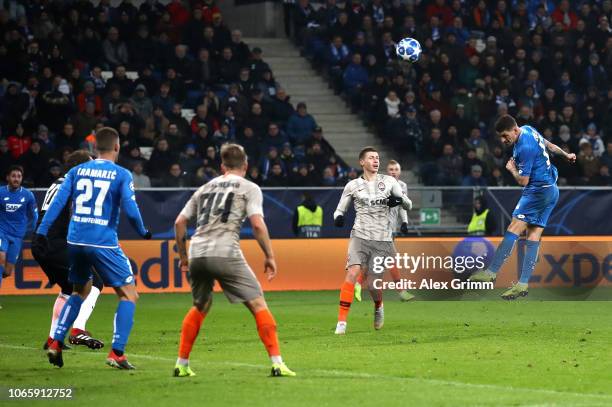 Steven Zuber of 1899 Hoffenheim scores his teams second goal during the UEFA Champions League Group F match between TSG 1899 Hoffenheim and FC...