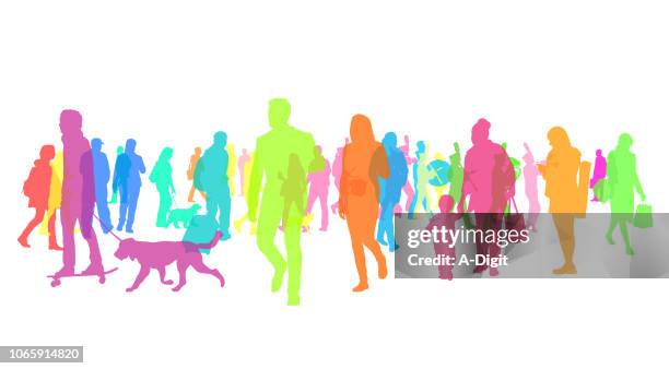 illustrations, cliparts, dessins animés et icônes de foule silhouette colorée - heure de pointe illustrations