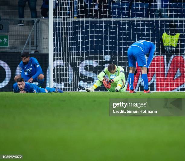 Team mates of Hoffenheim react after Taison of Donetsk scored his side's third goal during the UEFA Champions League Group F match between TSG 1899...