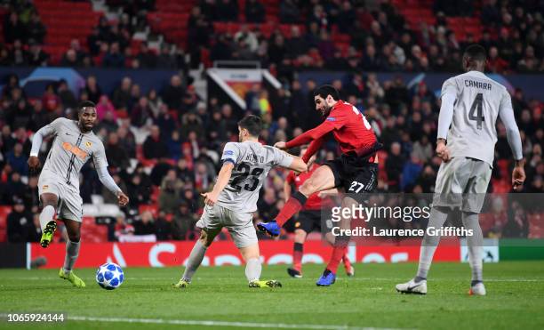 Marouane Fellaini of Manchester United scores his team's first goal during the UEFA Champions League Group H match between Manchester United and BSC...