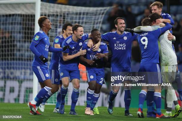 Leicester City celebrate their penalty shoot out win after Danny Ward of Leicester City saved the penalty of Manolo Gabbiadini of Southampton and...