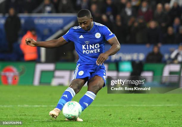 Nampalys Mendy of Leicester City scores from the spot in the penalty shoot out during the Carabao Cup Fourth Round match between Leicester City and...