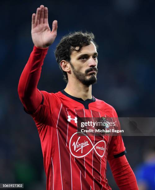 Manolo Gabbiadini of Southampton looks dejected after defeat in the penalty shoot out during the Carabao Cup Fourth Round match between Leicester...