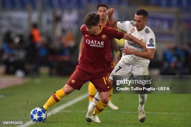 Ante Coric of Roma and Lucas Vazquez of Real Madrid compete for the ball during the Group G match of the UEFA Champions League between AS Roma and...