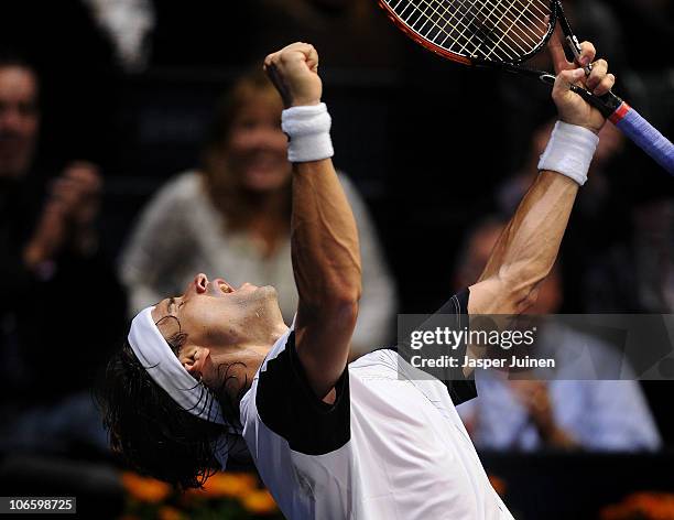 David Ferrer of Spain celebrates matchpoint over Robin Soderling of Sweden in his semi final match during the ATP 500 World Tour Valencia Open tennis...